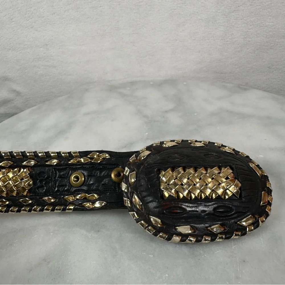 Vintage western Black and Gold‎ Woven leather Belt metallic